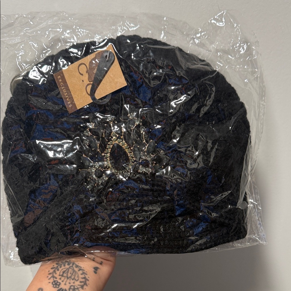 C.C Black and Blue Beanie with Crystal Design